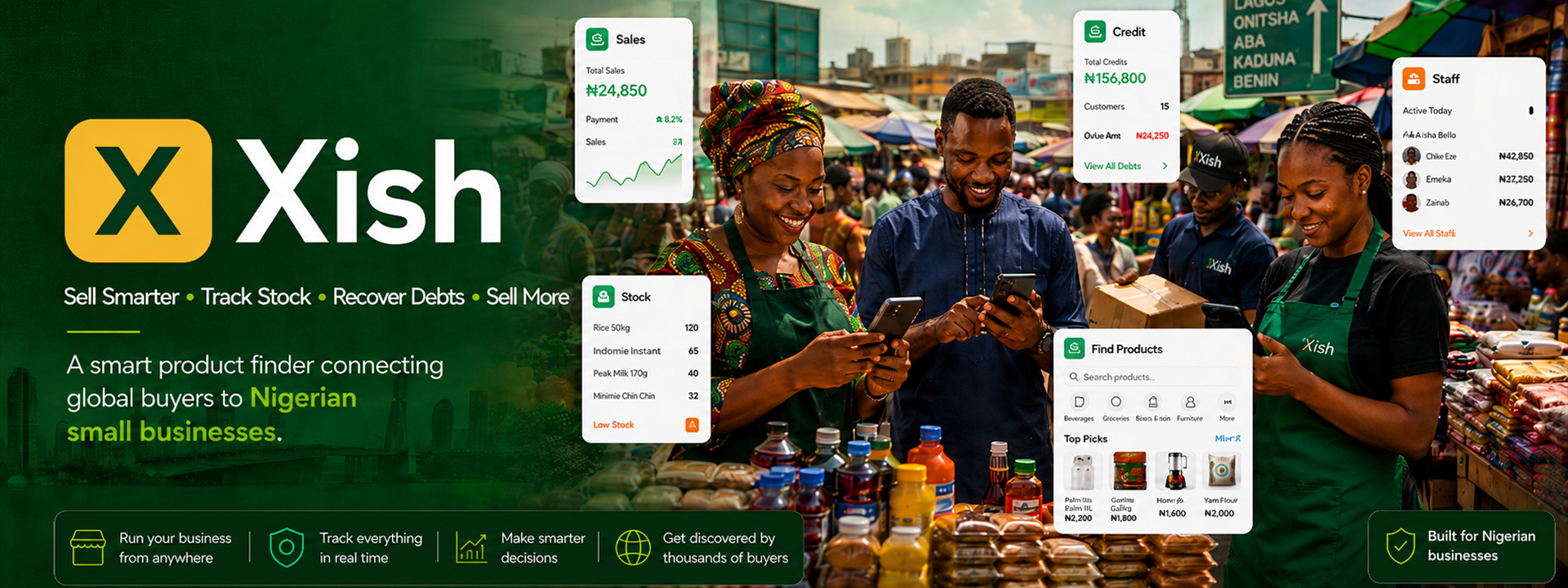 Xish helps Nigerian small businesses sell smarter, track stock, recover debts and sell more.